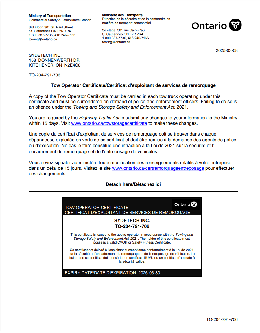 Tow operator Certificate